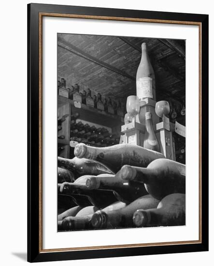 Dust Covered Wine and Brandy Bottles Lying on Racks in a Wine Cellar-Nina Leen-Framed Photographic Print