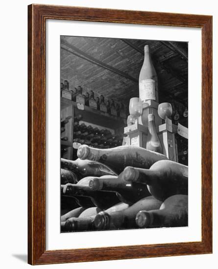 Dust Covered Wine and Brandy Bottles Lying on Racks in a Wine Cellar-Nina Leen-Framed Photographic Print