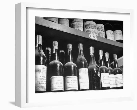 Dust-Covered Wine and Brandy Bottles Standing on Racks in a Wine Cellar--Framed Photographic Print