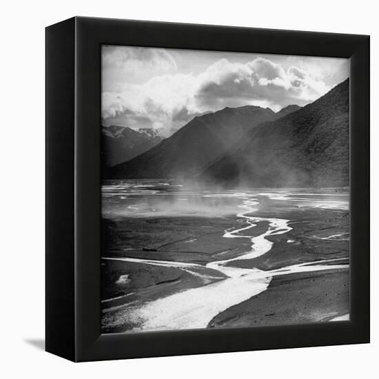 Dust Rising Up from Bed of the Waimakariri River-null-Framed Premier Image Canvas