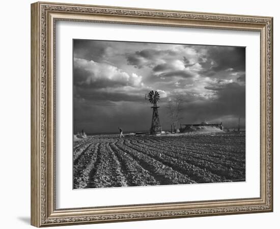 Dust Storm Rising over Farmer Walking Across His Plowed Field-Margaret Bourke-White-Framed Photographic Print