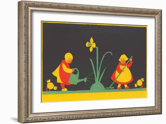 Dutch Children Watering Daffodil-null-Framed Art Print