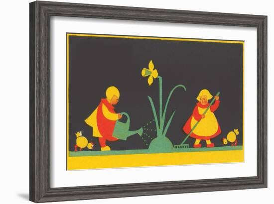 Dutch Children Watering Daffodil-null-Framed Art Print