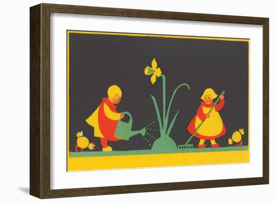 Dutch Children Watering Daffodil-null-Framed Art Print