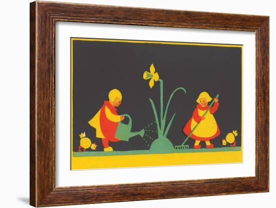 Dutch Children Watering Daffodil-null-Framed Art Print