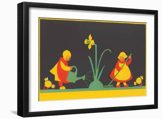 Dutch Children Watering Daffodil-null-Framed Art Print