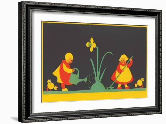 Dutch Children Watering Daffodil-null-Framed Art Print