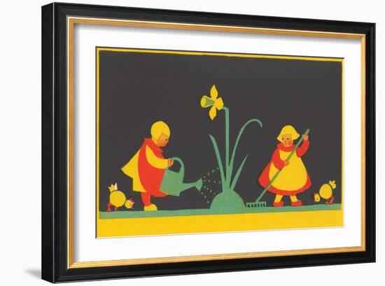 Dutch Children Watering Daffodil-null-Framed Art Print