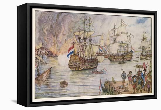 Dutch Fleet Commanded by De Ruiter Sails up the Thames and Burns English Shipping in the Medway-Henry Justice Ford-Framed Stretched Canvas