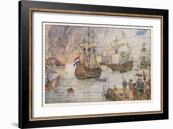 Dutch Fleet Commanded by De Ruiter Sails up the Thames and Burns English Shipping in the Medway-Henry Justice Ford-Framed Art Print