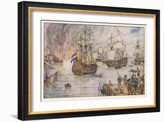 Dutch Fleet Commanded by De Ruiter Sails up the Thames and Burns English Shipping in the Medway-Henry Justice Ford-Framed Art Print