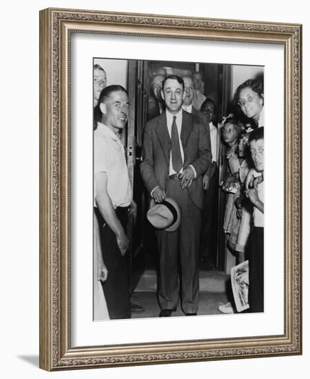 Dutch Schultz, Emerging from Doorway of Malone County Jail, in an Upstate New York Town, 1936-null-Framed Photo