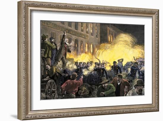 Dynamite Bomb Exploding Among Police Ranks during the Haymarket Square Riot in Chicago, c.1886-null-Framed Giclee Print