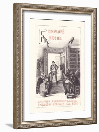 E: Employee - Ink - Epervier - Nightjar - Eider - Emerillon - Writer - Writer,1879 (Engraving)-Fortune Louis Meaulle-Framed Giclee Print