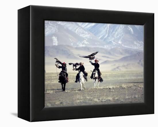 Eagle Hunters Dalai Khan, Takhuu Grandfather, Son Kook Kook, Golden Eagle Festival, Mongolia-Amos Nachoum-Framed Premier Image Canvas