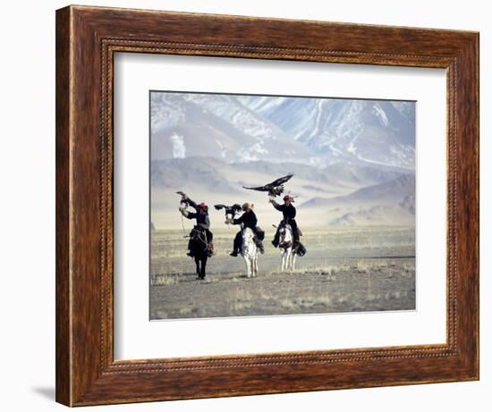 Eagle Hunters Dalai Khan, Takhuu Grandfather, Son Kook Kook, Golden Eagle Festival, Mongolia-Amos Nachoum-Framed Photographic Print