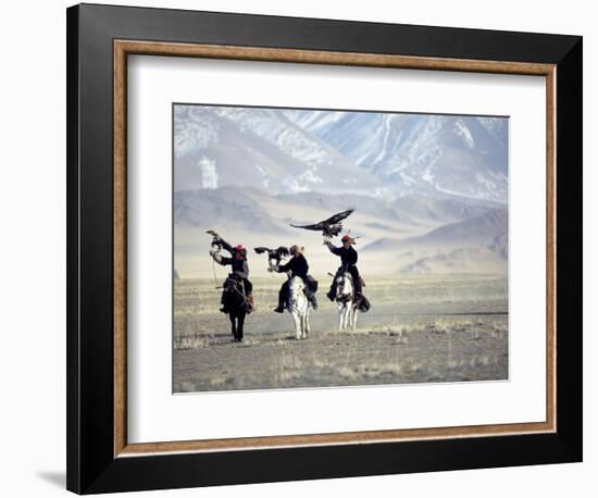 Eagle Hunters Dalai Khan, Takhuu Grandfather, Son Kook Kook, Golden Eagle Festival, Mongolia-Amos Nachoum-Framed Photographic Print