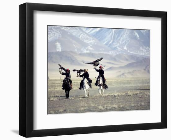 Eagle Hunters Dalai Khan, Takhuu Grandfather, Son Kook Kook, Golden Eagle Festival, Mongolia-Amos Nachoum-Framed Photographic Print