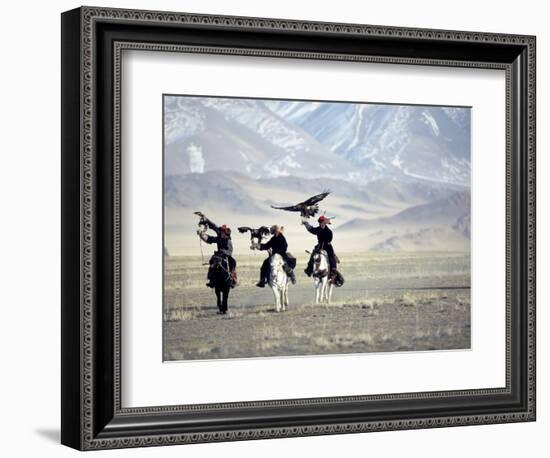 Eagle Hunters Dalai Khan, Takhuu Grandfather, Son Kook Kook, Golden Eagle Festival, Mongolia-Amos Nachoum-Framed Photographic Print