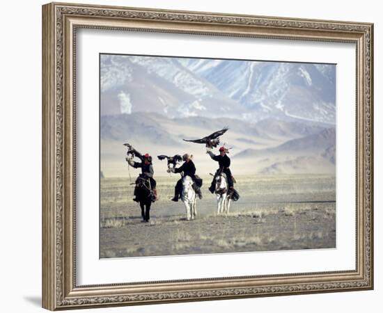 Eagle Hunters Dalai Khan, Takhuu Grandfather, Son Kook Kook, Golden Eagle Festival, Mongolia-Amos Nachoum-Framed Photographic Print