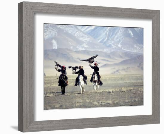 Eagle Hunters Dalai Khan, Takhuu Grandfather, Son Kook Kook, Golden Eagle Festival, Mongolia-Amos Nachoum-Framed Photographic Print