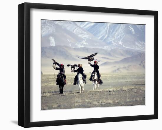 Eagle Hunters Dalai Khan, Takhuu Grandfather, Son Kook Kook, Golden Eagle Festival, Mongolia-Amos Nachoum-Framed Photographic Print