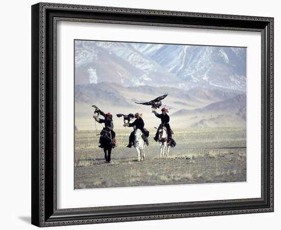 Eagle Hunters Dalai Khan, Takhuu Grandfather, Son Kook Kook, Golden Eagle Festival, Mongolia-Amos Nachoum-Framed Photographic Print