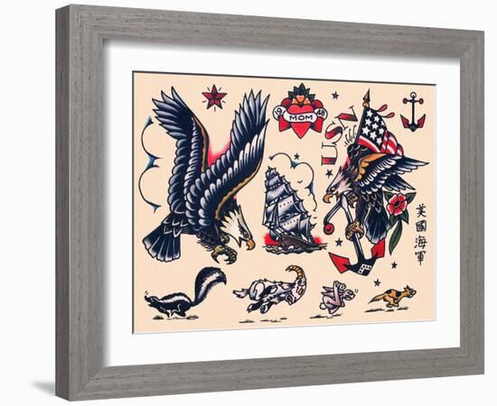 Eagles & Ships, Authentic Tattoo Flash by Norman Collins, aka, Sailor Jerry-null-Framed Art Print