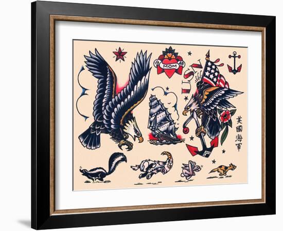 Eagles & Ships, Authentic Tattoo Flash by Norman Collins, aka, Sailor Jerry-null-Framed Art Print