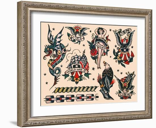 Eagles & Women, Authentic U.S. Navy Tattoo Flash by Norman Collins, aka, Sailor Jerry-null-Framed Art Print