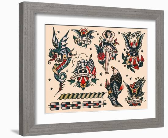 Eagles & Women, Authentic U.S. Navy Tattoo Flash by Norman Collins, aka, Sailor Jerry-null-Framed Art Print