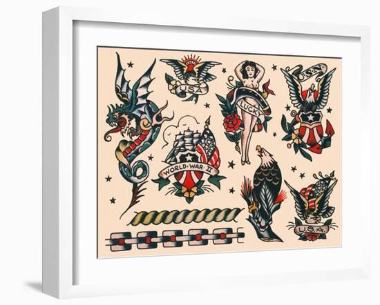 Eagles & Women, Authentic U.S. Navy Tattoo Flash by Norman Collins, aka, Sailor Jerry-null-Framed Art Print