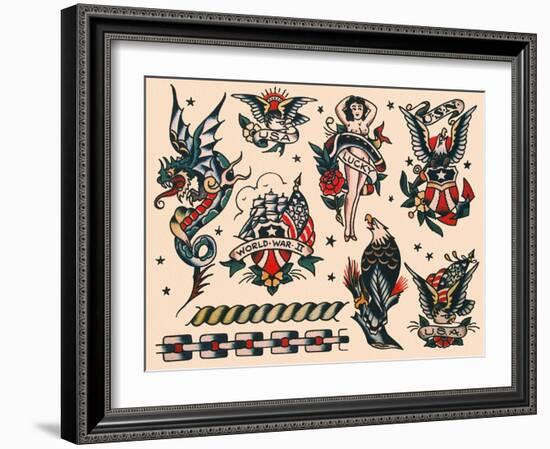 Eagles & Women, Authentic U.S. Navy Tattoo Flash by Norman Collins, aka, Sailor Jerry-null-Framed Art Print