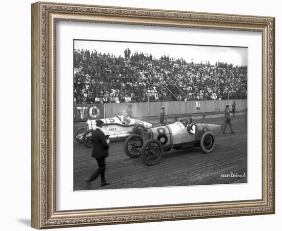 Earl Cooper and Eddie Hearne Driving Racing Cars, Tacoma Speedway (July 4, 1918)-Marvin Boland-Framed Giclee Print