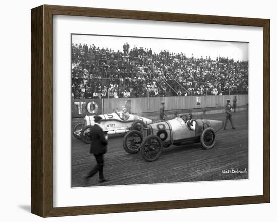 Earl Cooper and Eddie Hearne Driving Racing Cars, Tacoma Speedway (July 4, 1918)-Marvin Boland-Framed Giclee Print