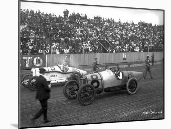 Earl Cooper and Eddie Hearne Driving Racing Cars, Tacoma Speedway (July 4, 1918)-Marvin Boland-Mounted Giclee Print