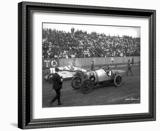 Earl Cooper and Eddie Hearne Driving Racing Cars, Tacoma Speedway (July 4, 1918)-Marvin Boland-Framed Giclee Print