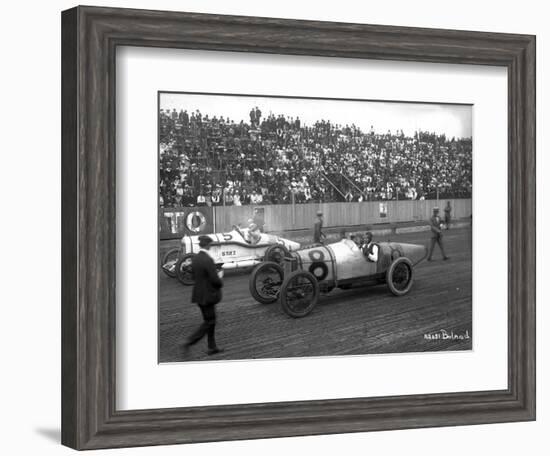 Earl Cooper and Eddie Hearne Driving Racing Cars, Tacoma Speedway (July 4, 1918)-Marvin Boland-Framed Giclee Print