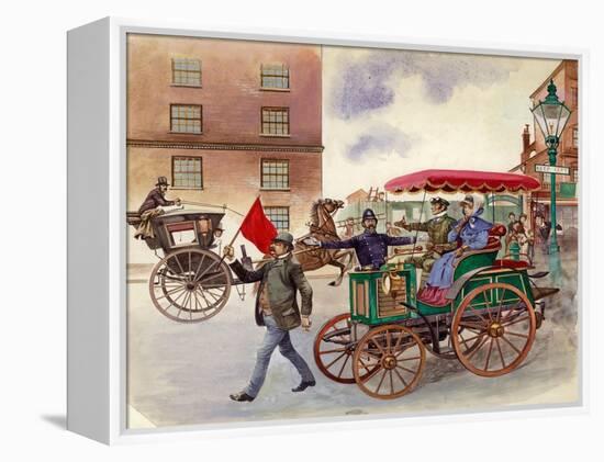 Early Car, with Man with a Flag-Peter Jackson-Framed Premier Image Canvas