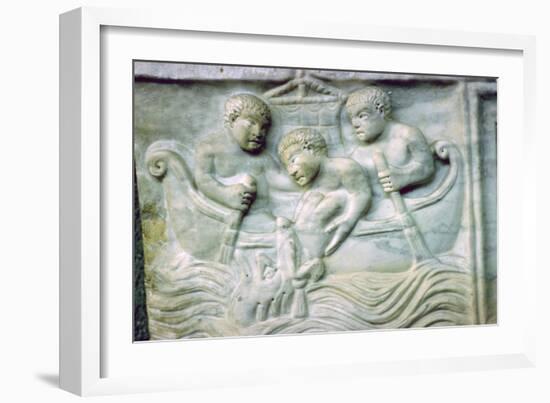 Early Christian depiction of Jonah and the Whale on a sarcophagus, 4th century. Artist: Unknown-Unknown-Framed Giclee Print