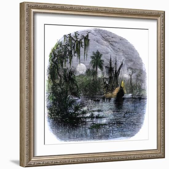 Early Explorers Coming Ashore Along a Tropical Coast in the New World-null-Framed Giclee Print