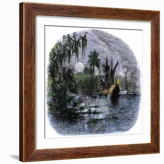 Early Explorers Coming Ashore Along a Tropical Coast in the New World-null-Framed Giclee Print