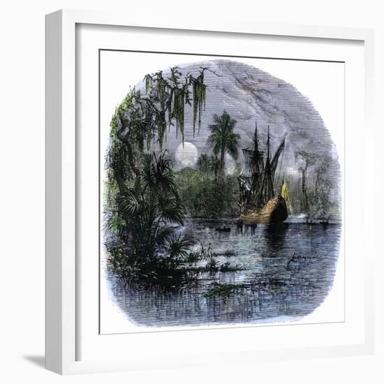 Early Explorers Coming Ashore Along a Tropical Coast in the New World-null-Framed Giclee Print