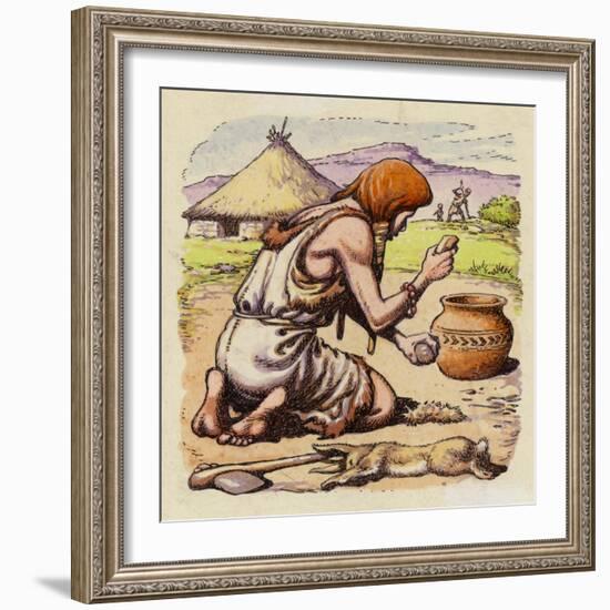 Early Man Creating Fire from Flints-Pat Nicolle-Framed Giclee Print