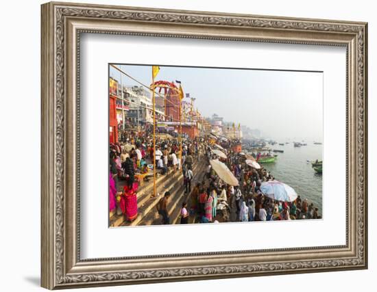 Early Morning Bathers on the Banks of the River Ganges, Varanasi (Benares), Uttar Pradesh, India-Jordan Banks-Framed Photographic Print
