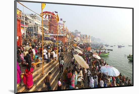 Early Morning Bathers on the Banks of the River Ganges, Varanasi (Benares), Uttar Pradesh, India-Jordan Banks-Mounted Photographic Print