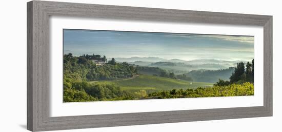 Early Morning Panoramic View of Misty Hills, Near San Gimignano, Tuscany, Italy, Europe-John Miller-Framed Photographic Print