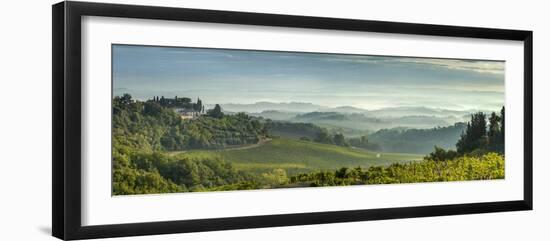 Early Morning Panoramic View of Misty Hills, Near San Gimignano, Tuscany, Italy, Europe-John Miller-Framed Photographic Print