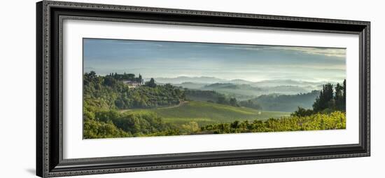 Early Morning Panoramic View of Misty Hills, Near San Gimignano, Tuscany, Italy, Europe-John Miller-Framed Photographic Print