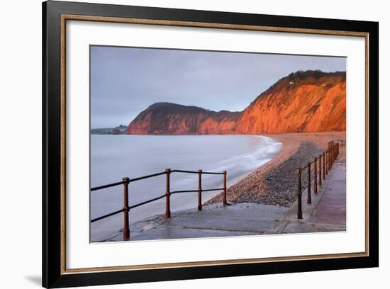 Early Morning Sunlight Glows Against the Distinctive Red Cliffs of High Peak, Sidmouth, Devon-Adam Burton-Framed Photographic Print